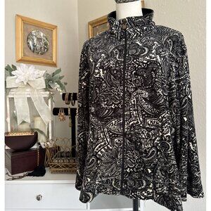 Vintage Women’s Velour Halter Active Sweater Black White Full Zip Size 1X